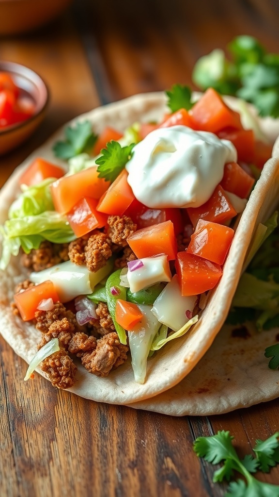 Pita Bread Chalupa Recipe Pita bread chalupa filled with meat, lettuce, tomatoes, and cheese, garnished with sour cream and salsa on a wooden table.